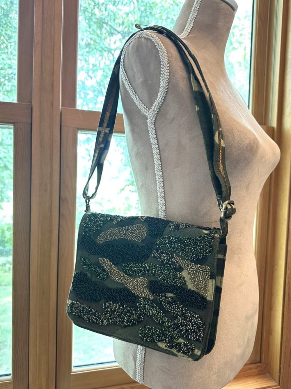 America & Beyond Hand-Beaded Camouflage Crossbody Bag Canvas Military Camo